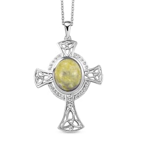Connemara Marble 5.15 ctw Celtic Cross Pendant in Platinum Over Sterling Silver with Stainless Steel Necklace 20 Inches