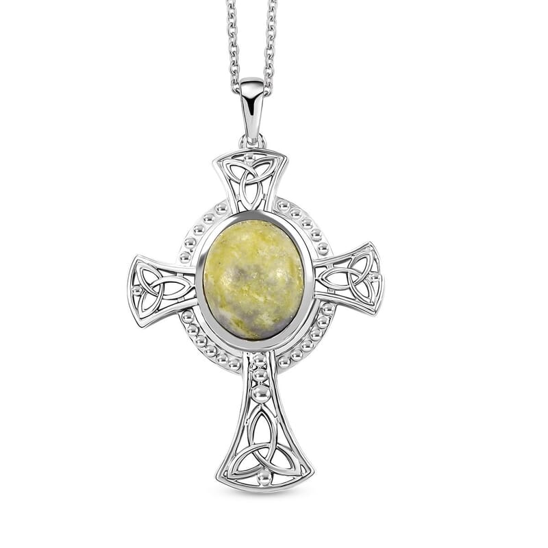 Connemara Marble 5.15 ctw Celtic Cross Pendant in Platinum Over Sterling Silver with Stainless Steel Necklace 20 Inches