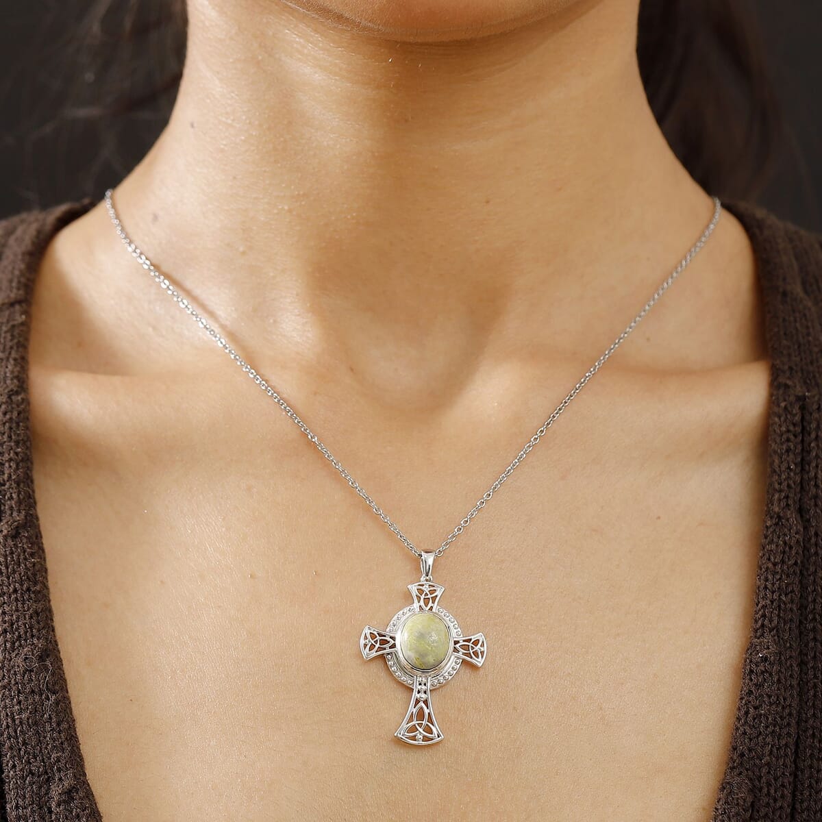 Connemara Marble 5.15 ctw Celtic Cross Pendant in Platinum Over Sterling Silver with Stainless Steel Necklace 20 Inches image number 2