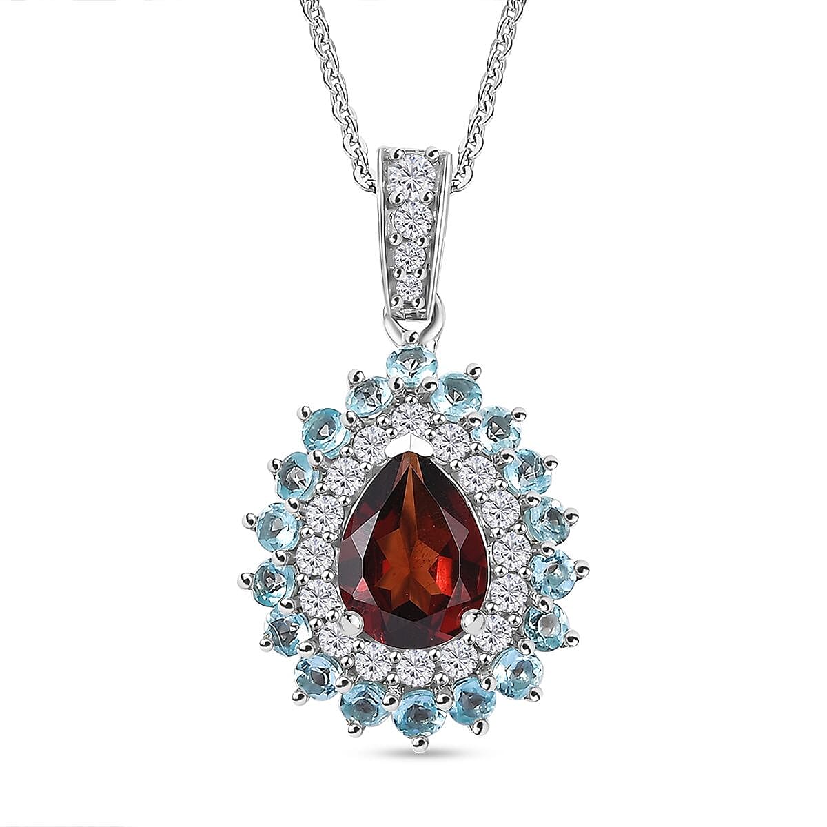 Mozambique Garnet and Multi Gemstone 2.20 ctw Teardrop Halo Pendant Necklace in Rhodium Over Sterling Silver 20 Inches image number 0