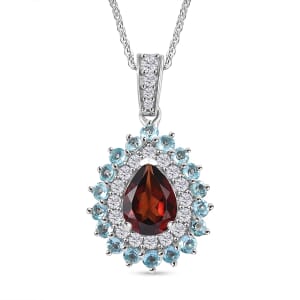 Mozambique Garnet and Multi Gemstone 2.20 ctw Teardrop Halo Pendant Necklace in Rhodium Over Sterling Silver 20 Inches