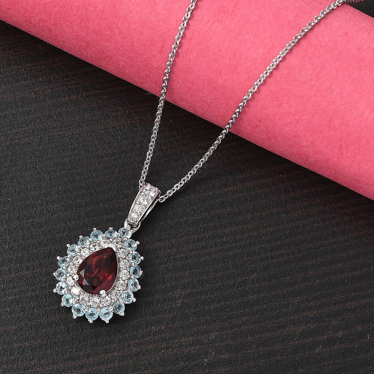 Mozambique Garnet and Multi Gemstone 2.20 ctw Teardrop Halo Pendant Necklace in Rhodium Over Sterling Silver 20 Inches image number 1