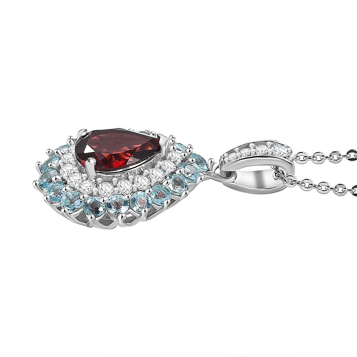 Mozambique Garnet and Multi Gemstone 2.20 ctw Teardrop Halo Pendant Necklace in Rhodium Over Sterling Silver 20 Inches image number 3