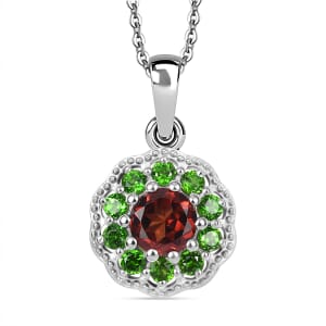 Mozambique Garnet and Chrome Diopside 1.75 ctw Vintage Blossom Pendant Necklace in Rhodium Over Sterling Silver 20 Inches