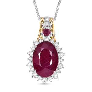 AAA Niassa Ruby (FF) and White Zircon 10.60 ctw Elegant Vintage Pendant Necklace (20 Inches) in 18K Vermeil YG and Rhodium Over Sterling Silver