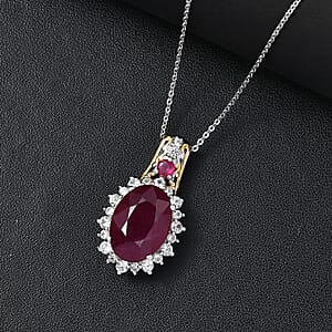 AAA Niassa Ruby (FF) and White Zircon 10.60 ctw Elegant Vintage Pendant Necklace (20 Inches) in 18K Vermeil YG and Rhodium Over Sterling Silver