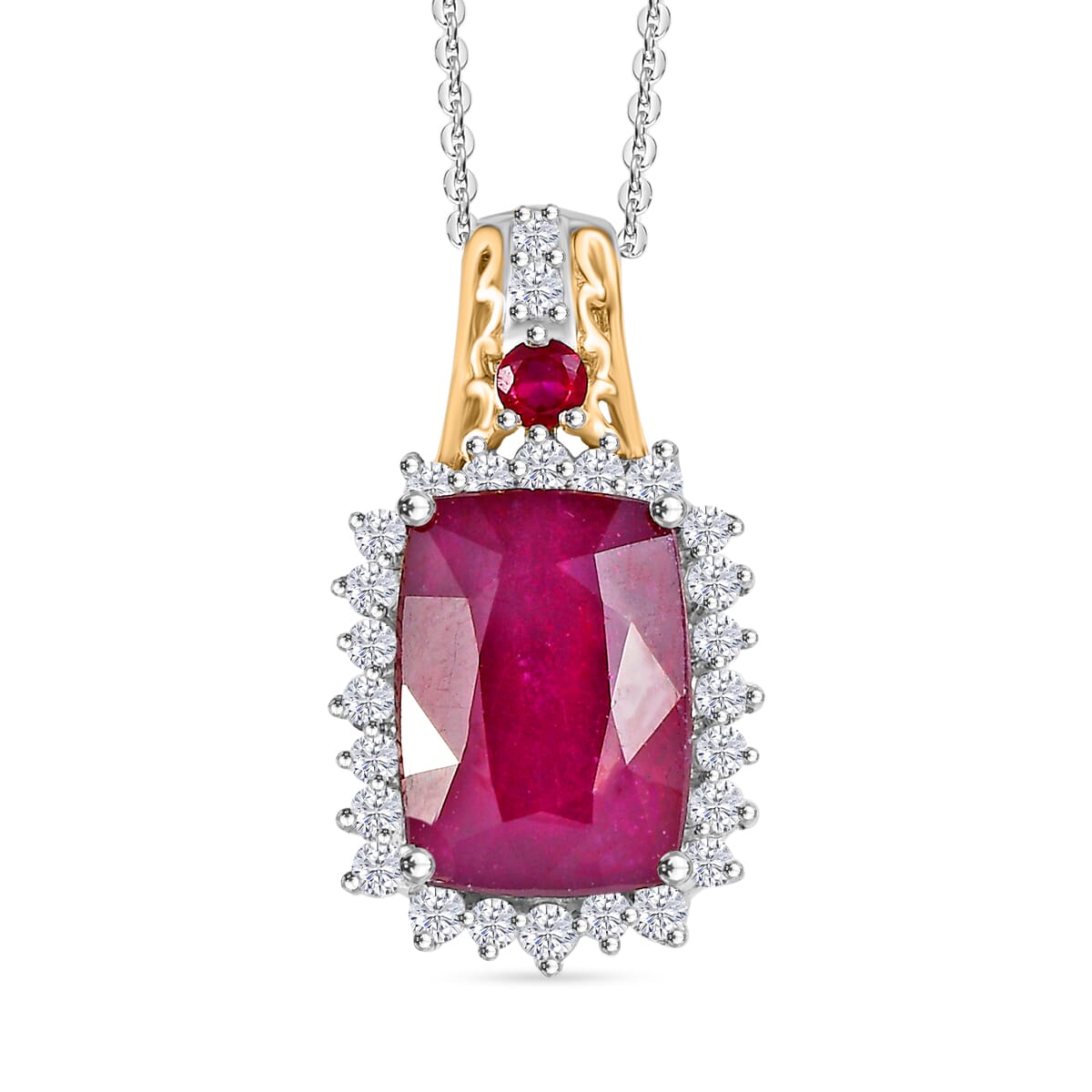 AAA Niassa Ruby (FF) and White Zircon 11.15 ctw Elegant Vintage Pendant Necklace (20 Inches) in 18K Vermeil YG and Rhodium Over Sterling Silver image number 0