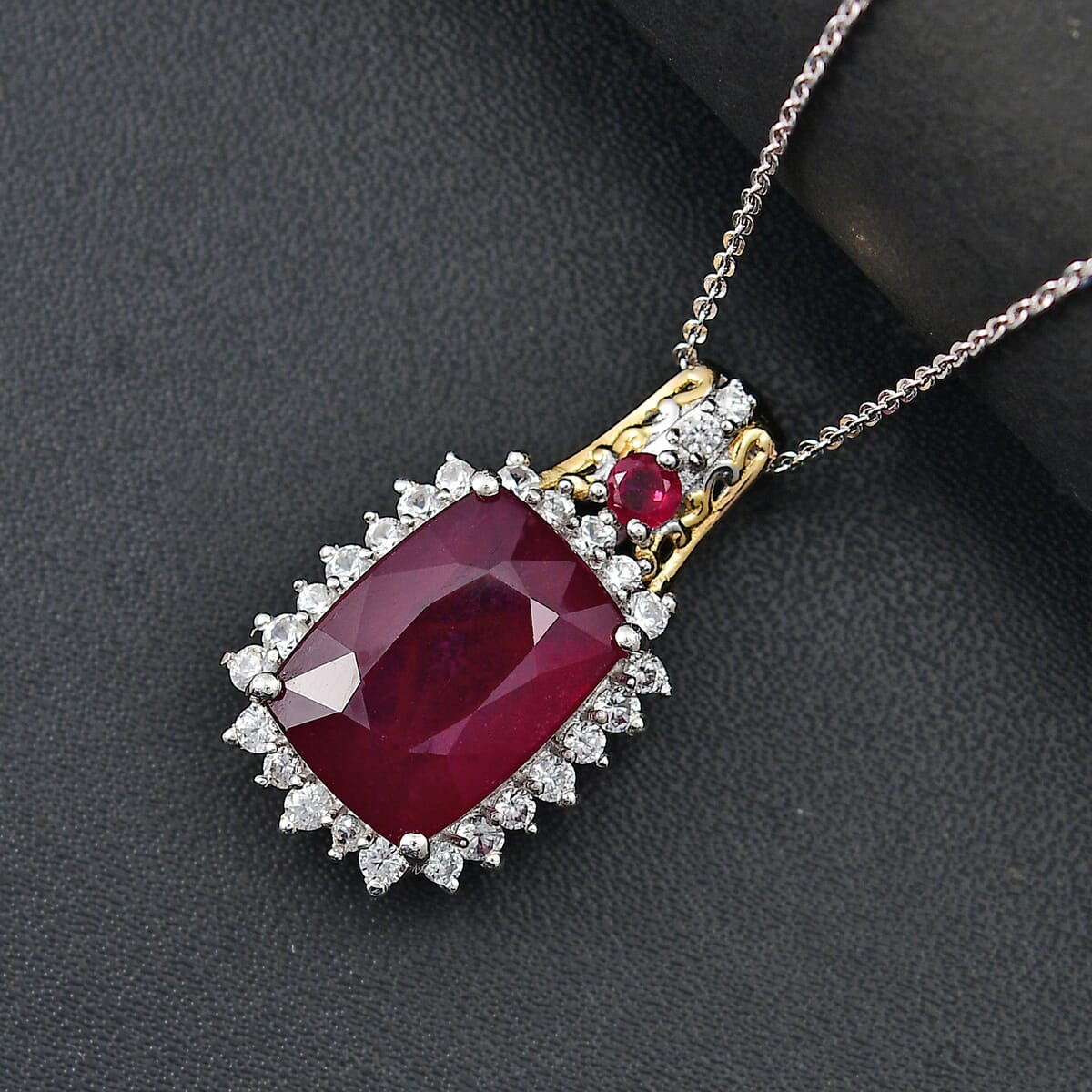 AAA Niassa Ruby (FF) and White Zircon 11.15 ctw Elegant Vintage Pendant Necklace (20 Inches) in 18K Vermeil YG and Rhodium Over Sterling Silver image number 1