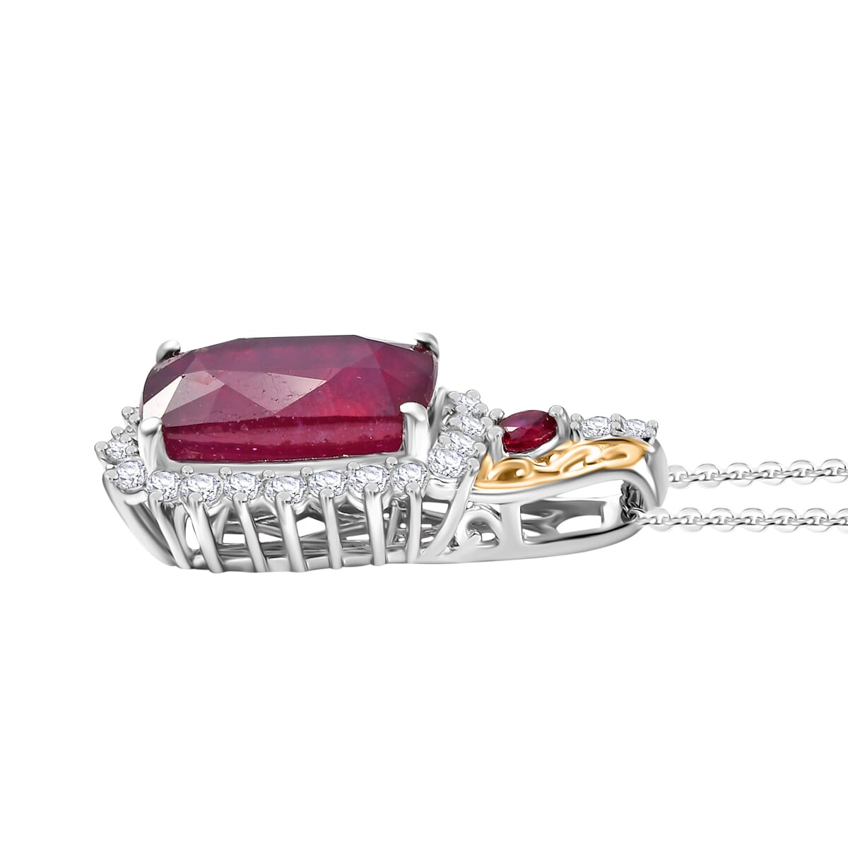 AAA Niassa Ruby (FF) and White Zircon 11.15 ctw Elegant Vintage Pendant Necklace (20 Inches) in 18K Vermeil YG and Rhodium Over Sterling Silver image number 3