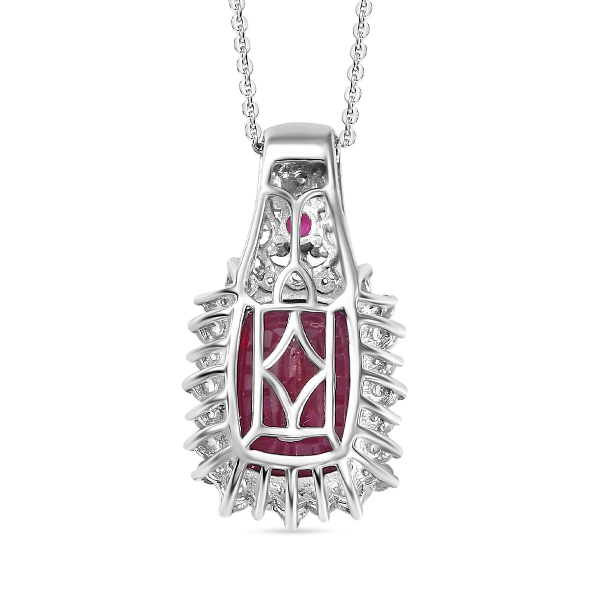 AAA Niassa Ruby (FF) and White Zircon 11.15 ctw Elegant Vintage Pendant Necklace (20 Inches) in 18K Vermeil YG and Rhodium Over Sterling Silver image number 4
