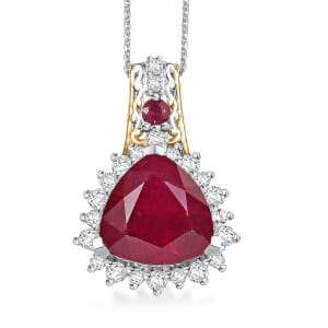 AAA Niassa Ruby (FF) and White Zircon 9.85 ctw Elegant Vintage Pendant Necklace (20 Inches) in 18K Vermeil YG and Rhodium Over Sterling Silver