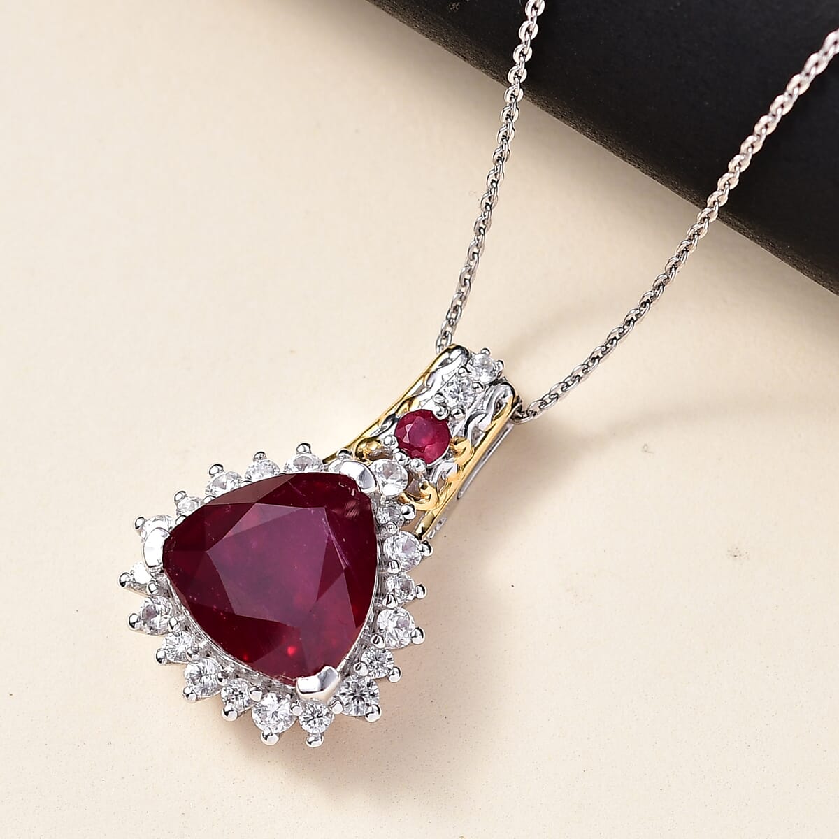 AAA Niassa Ruby (FF) and White Zircon 9.85 ctw Elegant Vintage Pendant Necklace (20 Inches) in 18K Vermeil YG and Rhodium Over Sterling Silver image number 1
