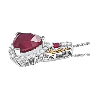 AAA Niassa Ruby (FF) and White Zircon 9.85 ctw Elegant Vintage Pendant Necklace (20 Inches) in 18K Vermeil YG and Rhodium Over Sterling Silver