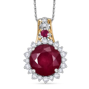 AAA Niassa Ruby (FF) and White Zircon 11.35 ctw Elegant Vintage Pendant Necklace (20 Inches) in 18K Vermeil YG and Rhodium Over Sterling Silver