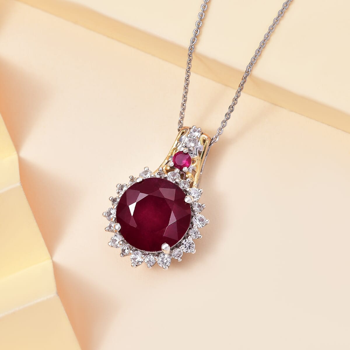 AAA Niassa Ruby (FF) and White Zircon 11.35 ctw Elegant Vintage Pendant Necklace (20 Inches) in 18K Vermeil YG and Rhodium Over Sterling Silver image number 1