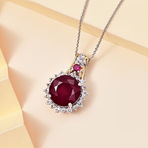 AAA Niassa Ruby (FF) and White Zircon 11.35 ctw Elegant Vintage Pendant Necklace (20 Inches) in 18K Vermeil YG and Rhodium Over Sterling Silver