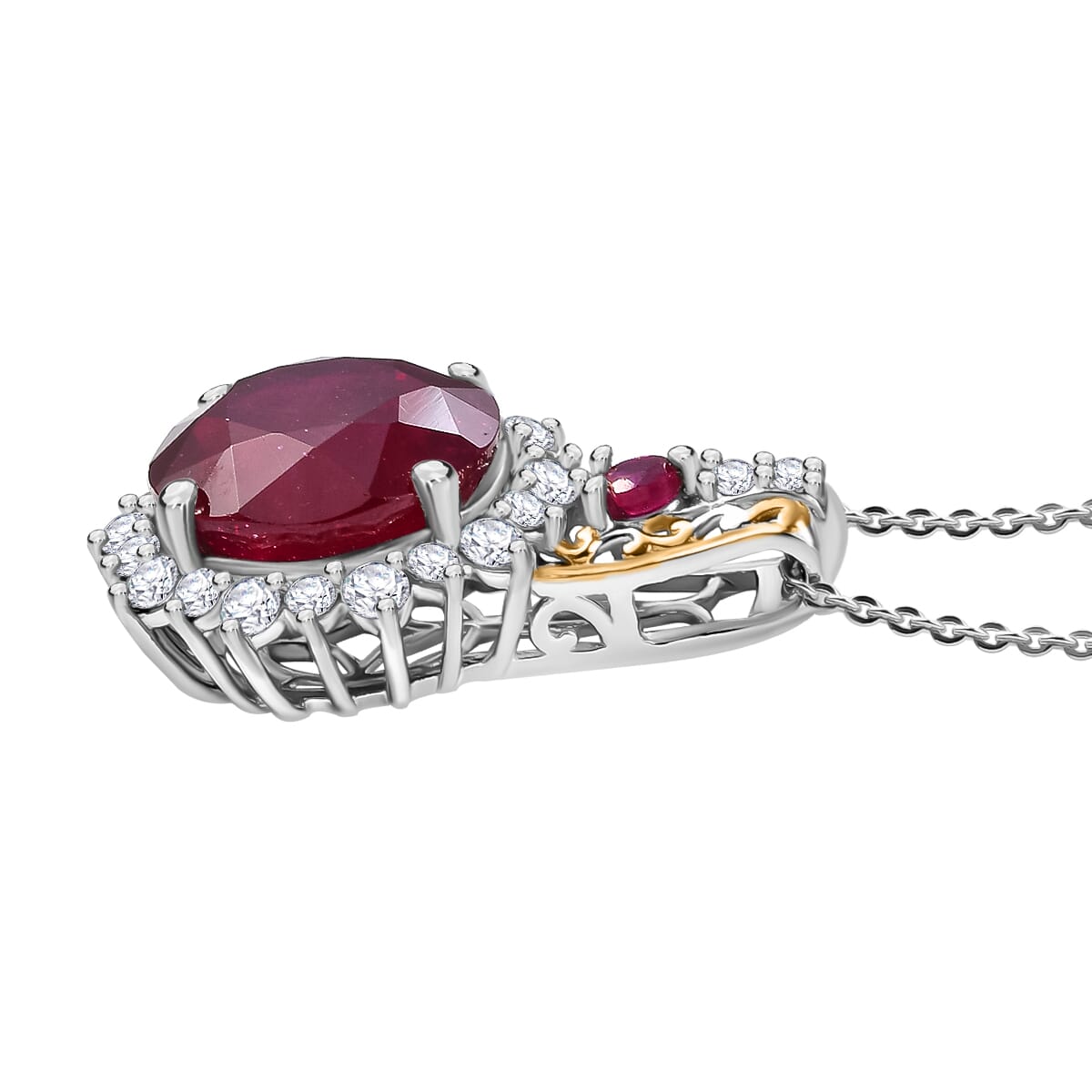 AAA Niassa Ruby (FF) and White Zircon 11.35 ctw Elegant Vintage Pendant Necklace (20 Inches) in 18K Vermeil YG and Rhodium Over Sterling Silver image number 3