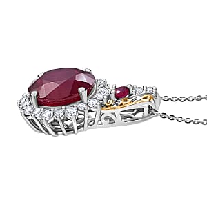 AAA Niassa Ruby (FF) and White Zircon 11.35 ctw Elegant Vintage Pendant Necklace (20 Inches) in 18K Vermeil YG and Rhodium Over Sterling Silver