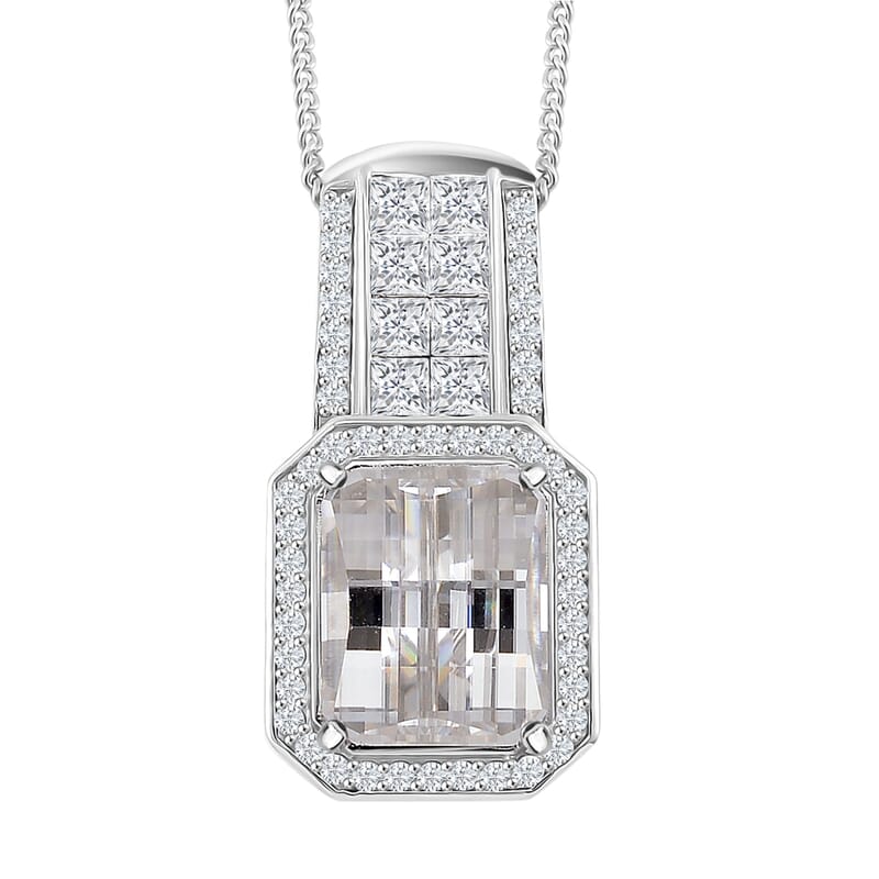 Fancy Cut White Moissanite 4.25 ctw Art Deco Pendant Necklace in Rhodium Over Sterling Silver 18 Inches