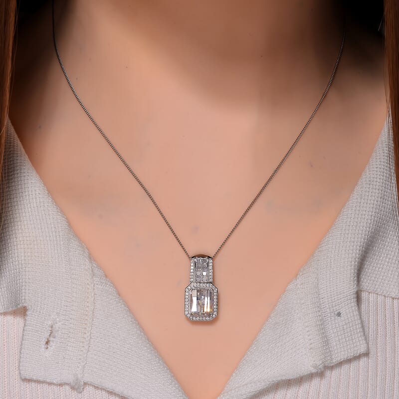 Fancy Cut White Moissanite 4.25 ctw Art Deco Pendant Necklace in Rhodium Over Sterling Silver 18 Inches