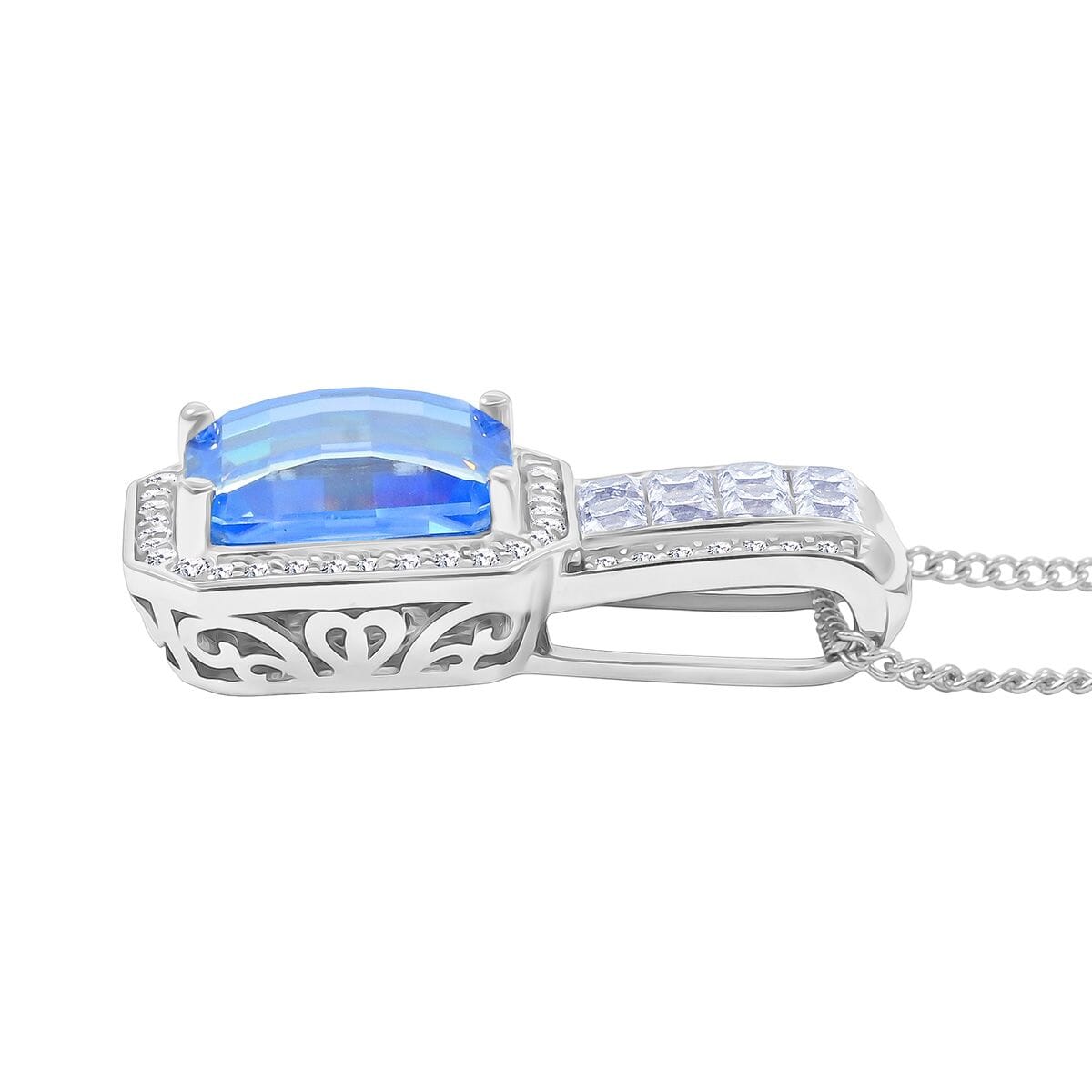 Blue and White Moissanite 4.35 ctw Pendant Necklace in Rhodium Over Sterling Silver 18 Inches image number 2