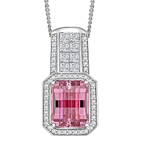 Mosaic Carver Cut Pink and White Moissanite 4.30 ctw Art Deco Pendant Necklace in Rhodium Over Sterling Silver 18 Inches