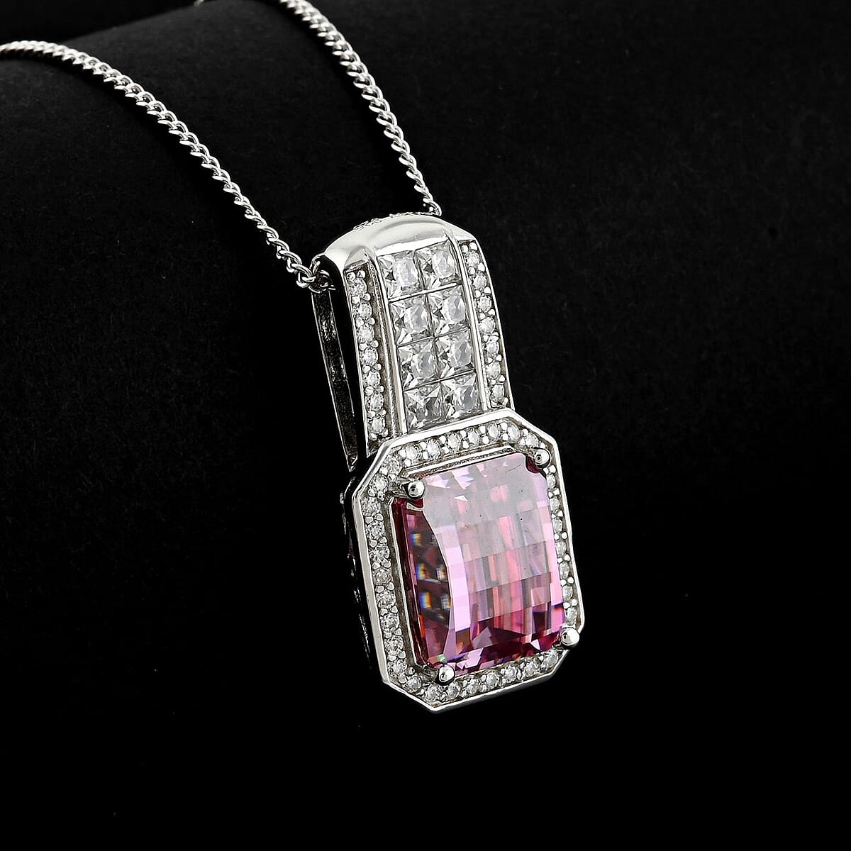 Mosaic Carver Cut Pink and White Moissanite 4.30 ctw Art Deco Pendant Necklace in Rhodium Over Sterling Silver 18 Inches image number 1