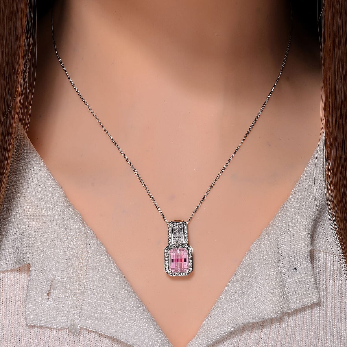 Mosaic Carver Cut Pink and White Moissanite 4.30 ctw Art Deco Pendant Necklace in Rhodium Over Sterling Silver 18 Inches image number 2