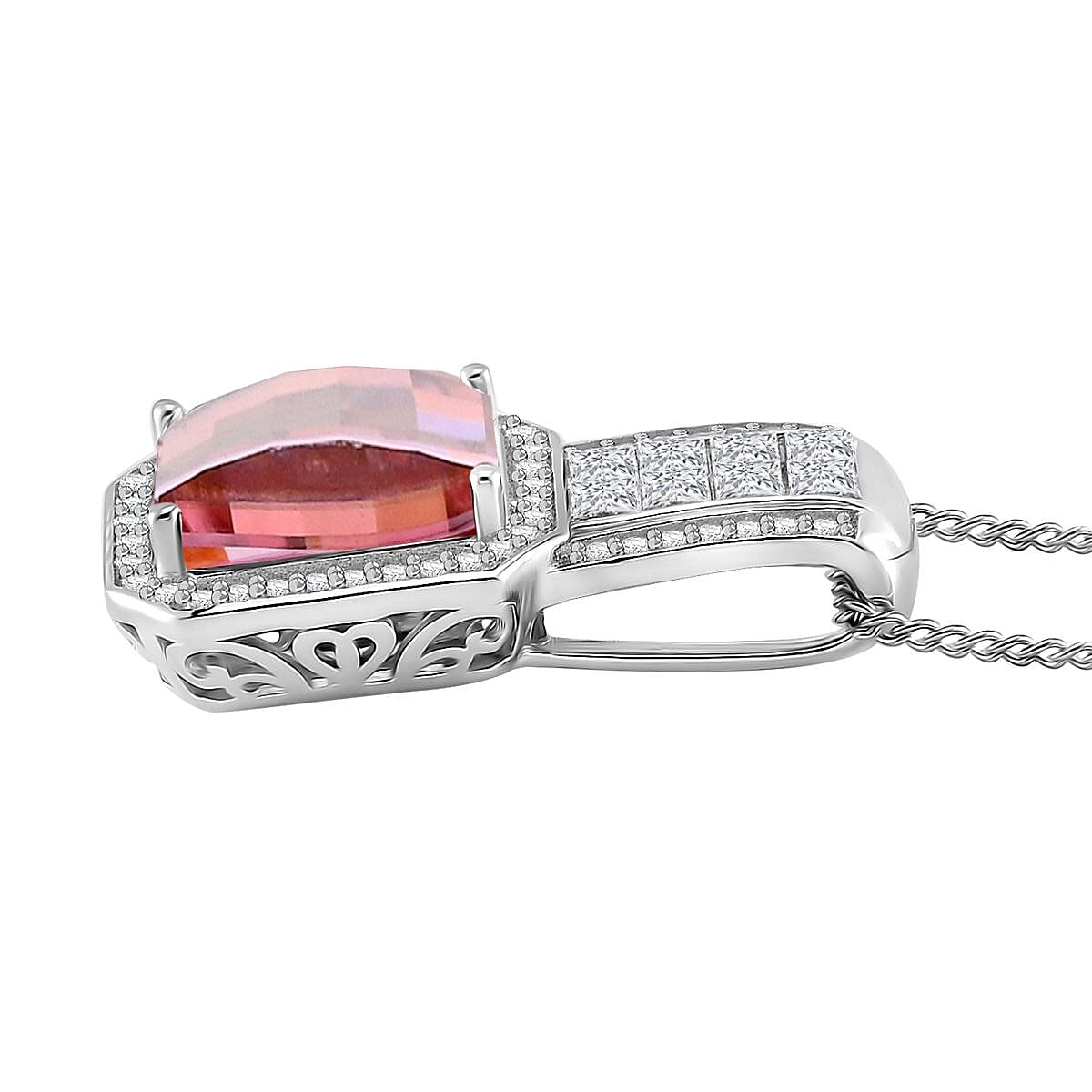 Mosaic Carver Cut Pink and White Moissanite 4.30 ctw Art Deco Pendant Necklace in Rhodium Over Sterling Silver 18 Inches image number 3