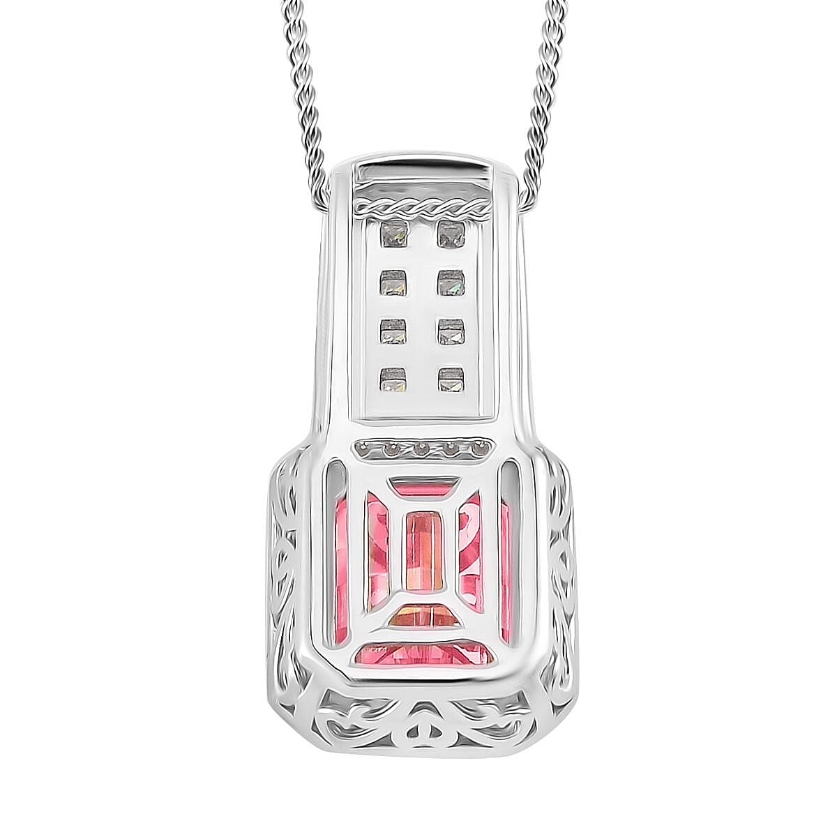 Mosaic Carver Cut Pink and White Moissanite 4.30 ctw Art Deco Pendant Necklace in Rhodium Over Sterling Silver 18 Inches image number 4
