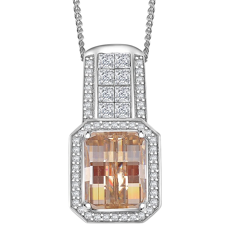 Fancy Cut Champagne and White Moissanite 4.30 ctw Art Deco Pendant Necklace in Rhodium Over Sterling Silver 18 Inches
