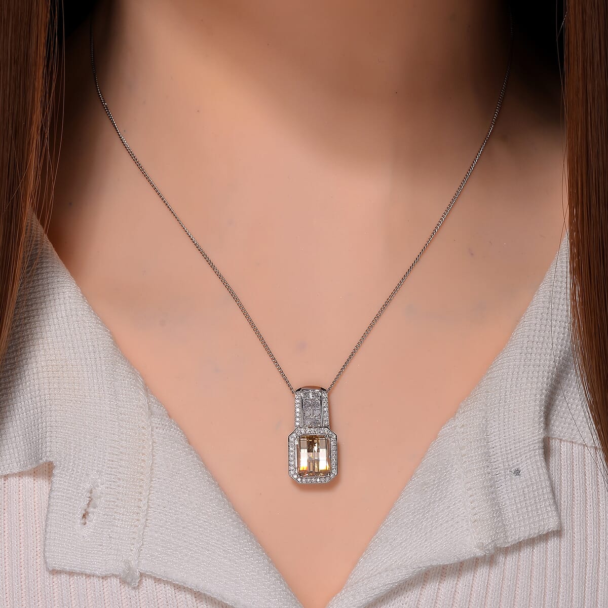 Champagne and White Moissanite 4.30 ctw Pendant Necklace in Rhodium Over Sterling Silver 18 Inches image number 1