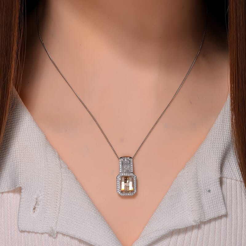 Fancy Cut Champagne and White Moissanite 4.30 ctw Art Deco Pendant Necklace in Rhodium Over Sterling Silver 18 Inches