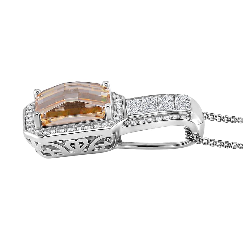 Fancy Cut Champagne and White Moissanite 4.30 ctw Art Deco Pendant Necklace in Rhodium Over Sterling Silver 18 Inches