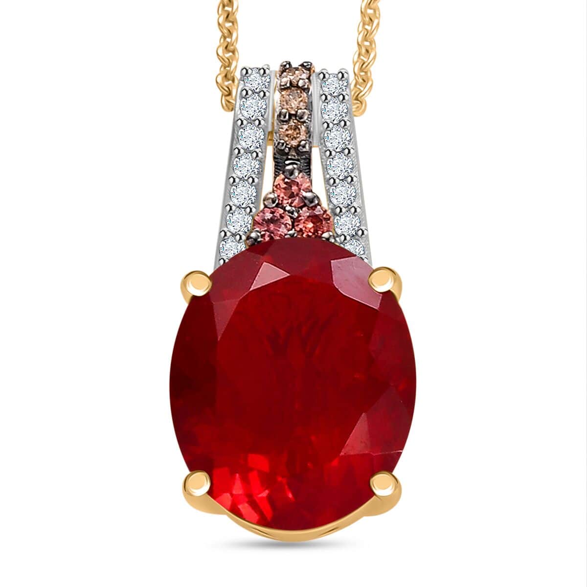 Luxoro Premium Mexican Cherry Fire Opal, Padparadscha Sapphire (BT), Natural Champagne and White Diamond 3.30 ctw Pendant Necklace in 10K Yellow Gold 18 Inches image number 0