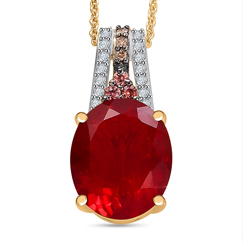 Luxoro AAA La Trinidad Fire Opal, Padparadscha Sapphire (BT), Natural Champagne and White Diamond 3.30 ctw Pendant Necklace in 10K Yellow Gold 18 Inches