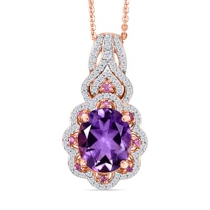 AAA Rose De France Amethyst and Multi Gemstone 4.70 ctw Vintage Elegance Pendant Necklace in 18K Vermeil Rose Gold Over Sterling Silver (20 Inches)