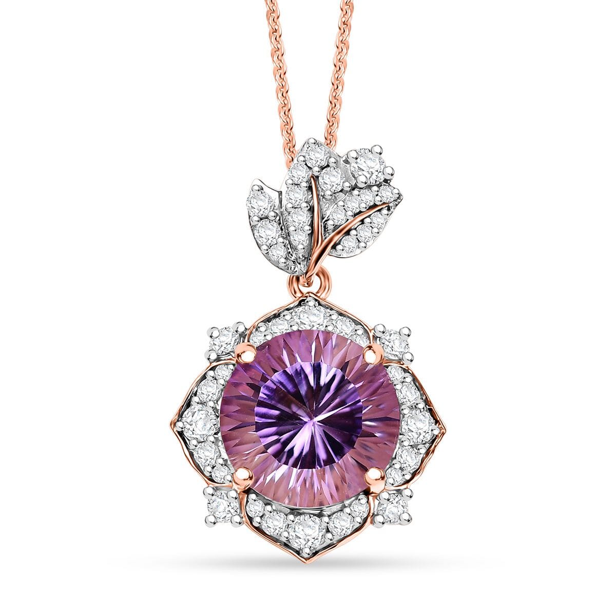 Concave Cut AAA Rose De France Amethyst and White Zircon 7.20 ctw Flower Pendant Necklace in 18K Vermeil Rose Gold Sterling Silver 20 Inches image number 0