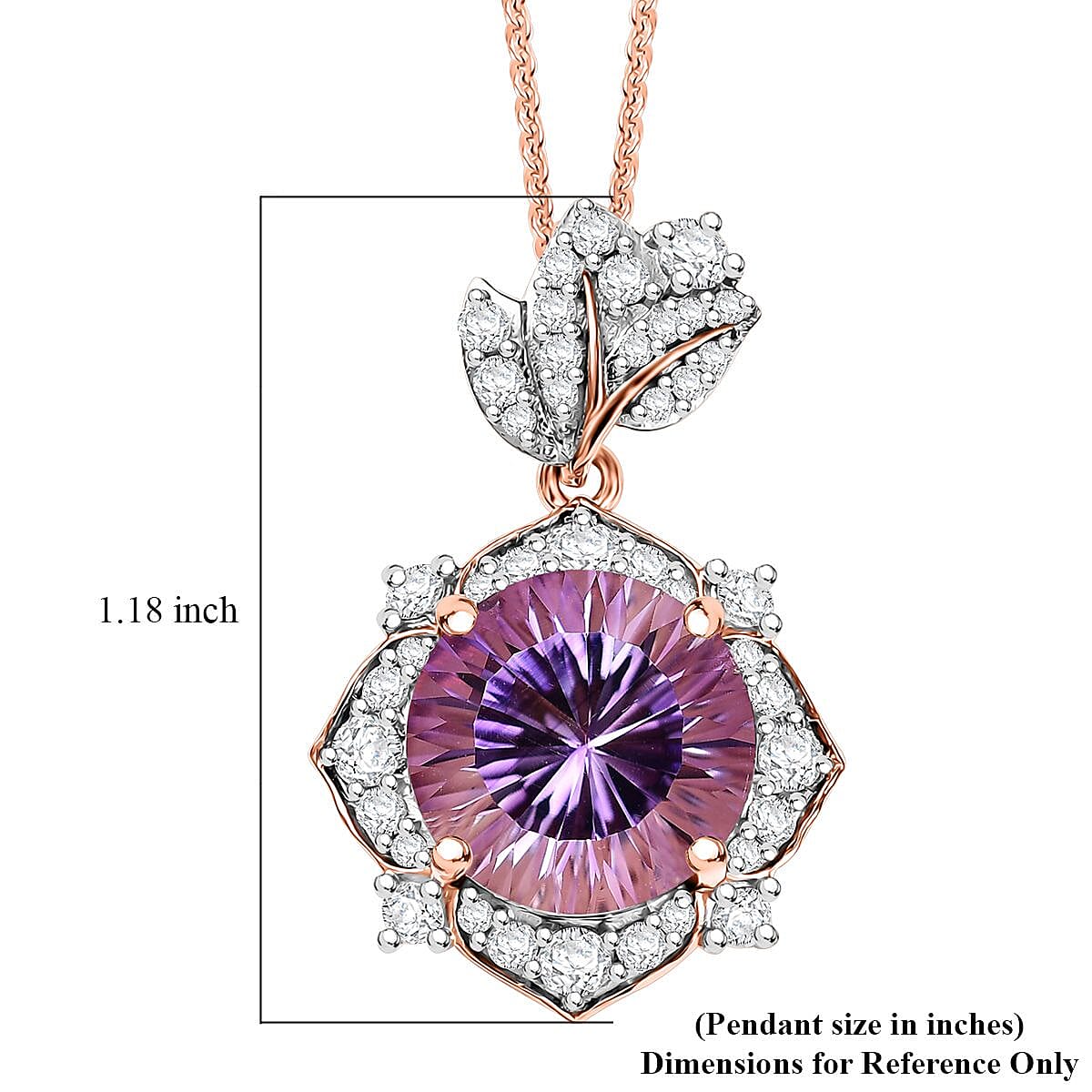 Concave Cut AAA Rose De France Amethyst and White Zircon 7.20 ctw Flower Pendant Necklace in 18K Vermeil Rose Gold Sterling Silver 20 Inches