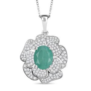 Grandidierite and White Zircon 4.15 ctw Camellia Flower Pendant Necklace in Rhodium Over Sterling Silver 20 Inches