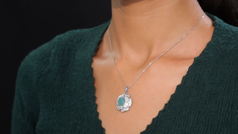 Grandidierite and White Zircon 4.15 ctw Camellia Flower Pendant Necklace in Rhodium Over Sterling Silver 20 Inches