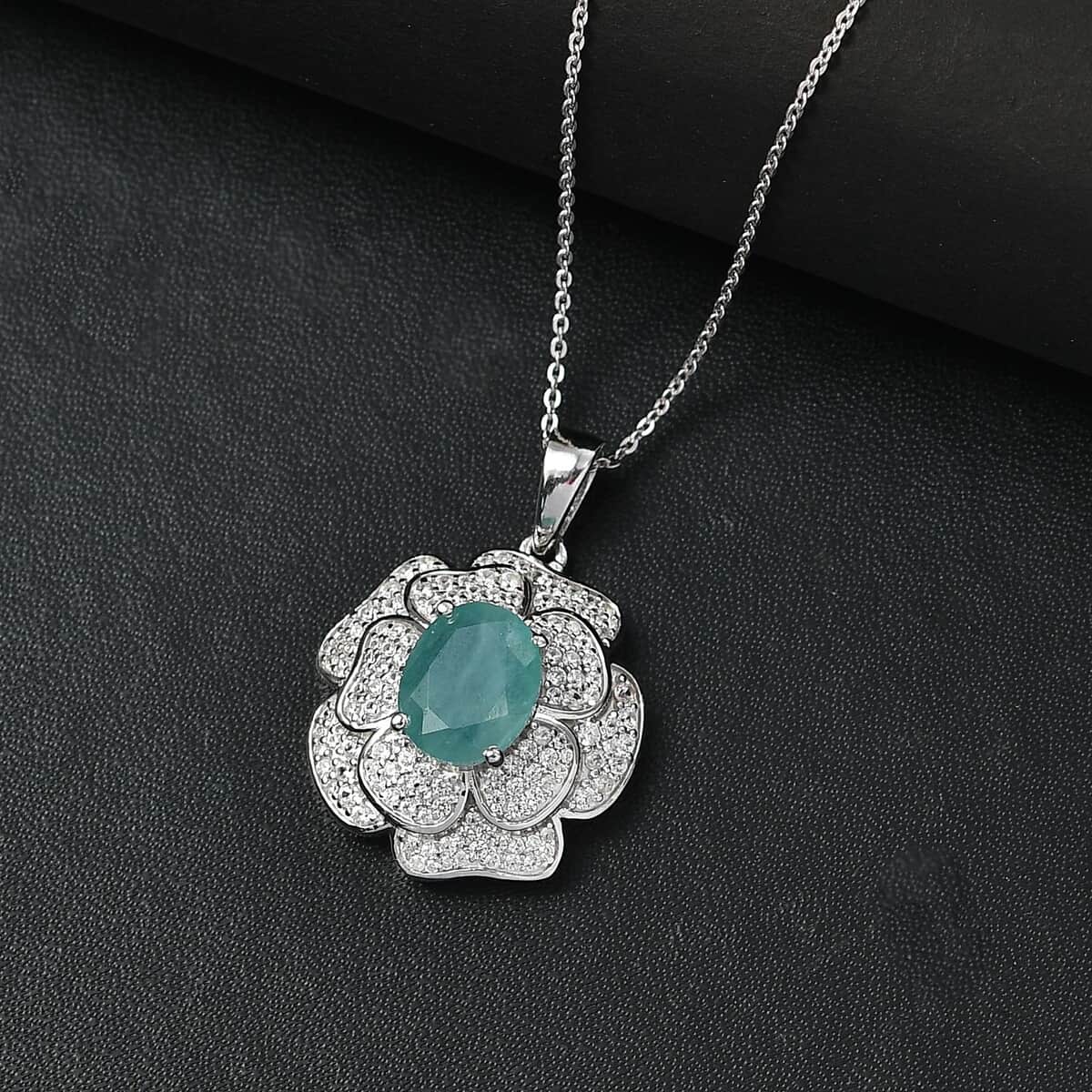 Grandidierite and White Zircon 4.15 ctw Camellia Flower Pendant Necklace in Rhodium Over Sterling Silver 20 Inches image number 1