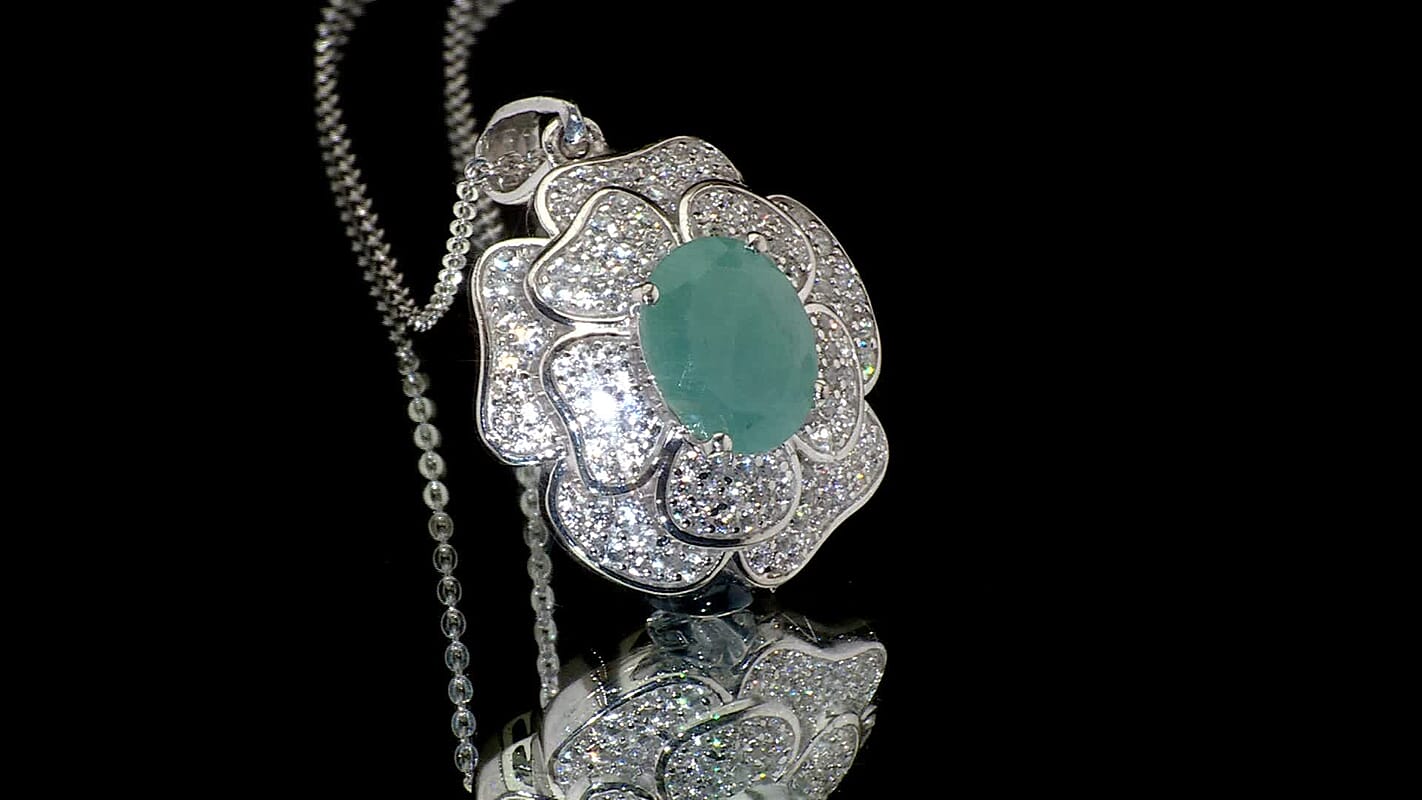Grandidierite and White Zircon 4.15 ctw Camellia Flower Pendant Necklace in Rhodium Over Sterling Silver 20 Inches