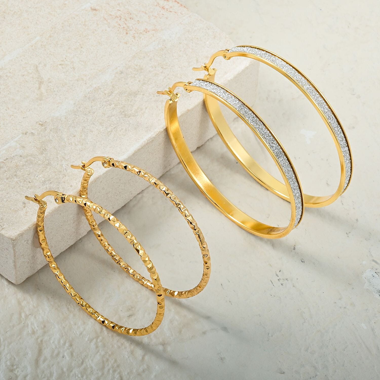 Set of 2 Hoop Earrings in ION Plated Yellow Gold Stainless Steel