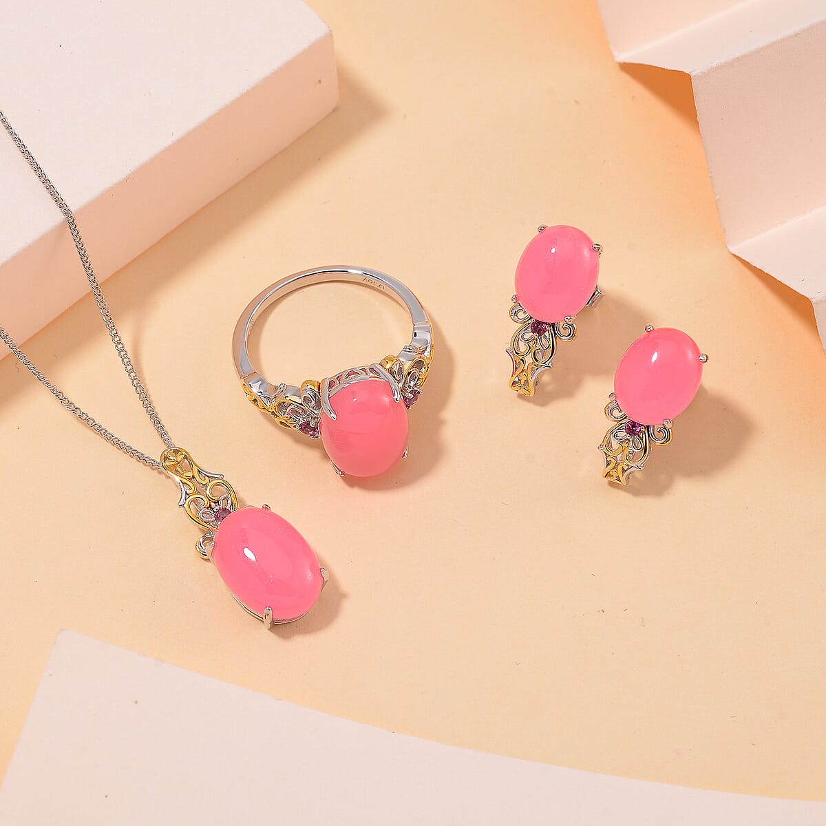 D'Joy Pink Jade (D) and Orissa Rhodolite Garnet 25.00 ctw Regal Garden Bloom Ring (Size 6.0), Earrings and Pendant without Chain in 18K Vermeil YG and Rhodium Over Sterling Silver (Del. in 5-7 Days) image number 1