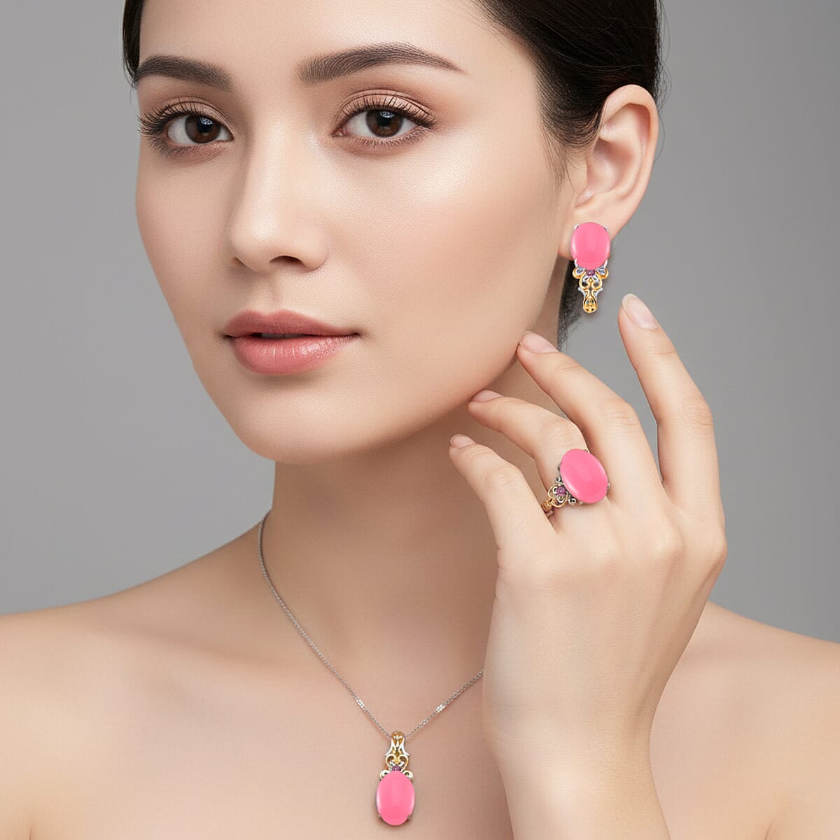 D'Joy Pink Jade (D) and Orissa Rhodolite Garnet 25.00 ctw Regal Garden Bloom Ring (Size 6.0), Earrings and Pendant without Chain in 18K Vermeil YG and Rhodium Over Sterling Silver (Del. in 5-7 Days) image number 2