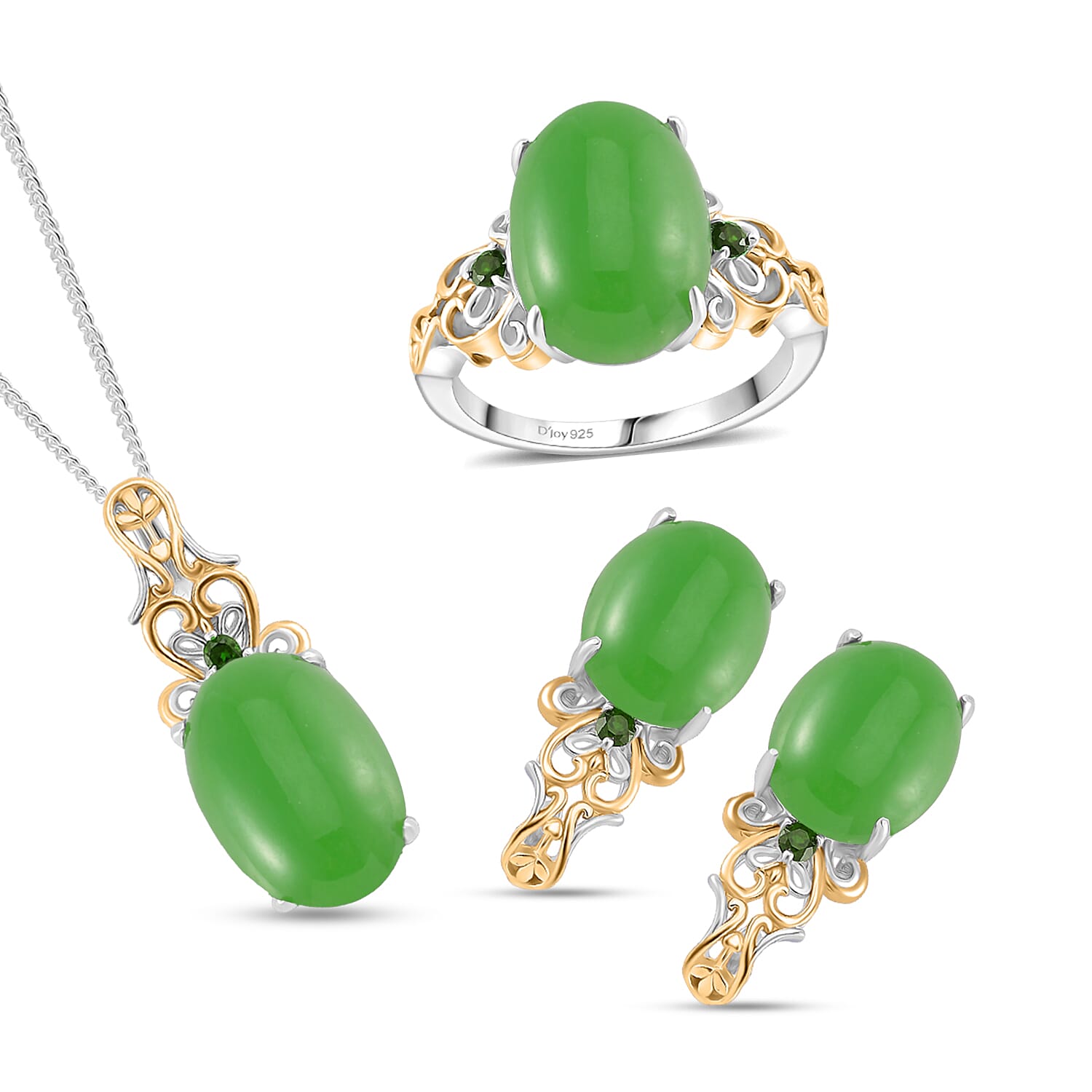 D'Joy Green Jade (D) and Chrome Diopside 26.25 ctw Regal Garden Bloom Ring (Size 8.0), Earrings and Pendant Necklace (18 Inches) in 18K Vermeil YG and Rhodium Over Sterling Silver