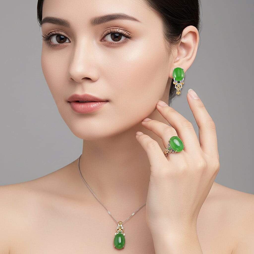 D'Joy Green Jade (D) and Chrome Diopside 26.25 ctw Regal Garden Bloom Ring (Size 8.0), Earrings and Pendant Necklace (18 Inches) in 18K Vermeil YG and Rhodium Over Sterling Silver
