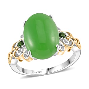 D'Joy Green Jade and Chrome Diopside 26.25 ctw Regal Garden Bloom Ring (Size 10.0), Earrings and Pendant Necklace (18 Inches) in 18K Vermeil YG and Rhodium Over Sterling Silver (Del. in 5-7 Days)