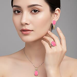 D'Joy Pink Jade (D) and Orissa Rhodolite Garnet 25.00 ctw Regal Garden Bloom Ring (Size 7.0), Earrings and Pendant without Chain in 18K Vermeil YG and Rhodium Over Sterling Silver (Del. in 5-7 Days)
